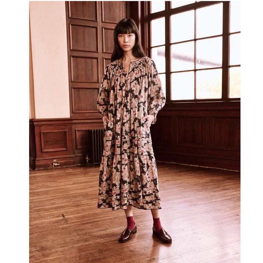 The Great Smocked Plumeria Midi Dress Bloom Printed Cotton Oversized S 1